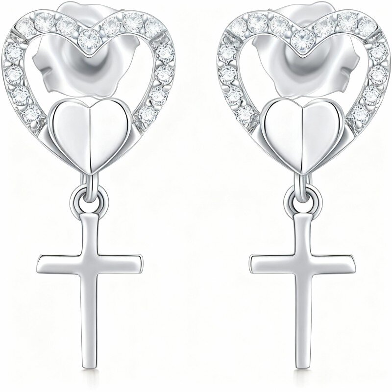 10K White Gold Diamond & Moissanite Heart Stud Earrings-5