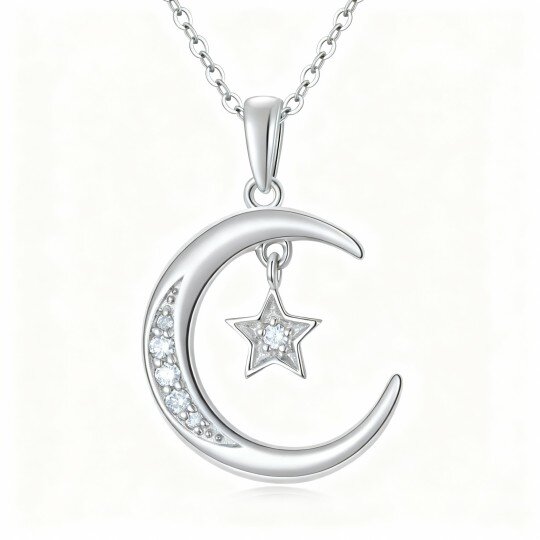 Colar com pendente de lua e estrela em ouro branco 10K com diamantes