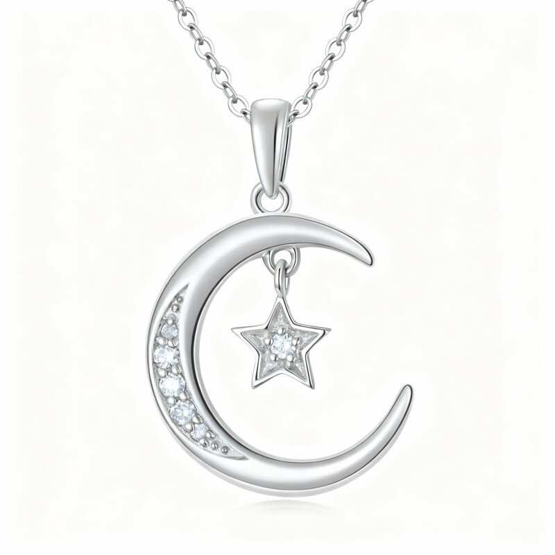 Colar com pendente de lua e estrela em ouro branco 10K com diamantes-17