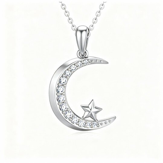 Colar com pendente de lua e estrela em ouro branco 9K com diamantes