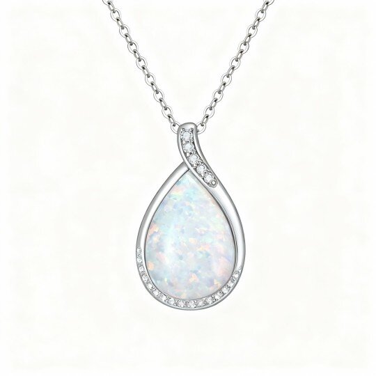Colar com pendente em forma de gota em ouro branco 10K com diamantes e opalas