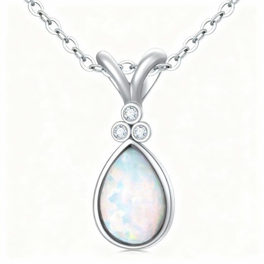 10K White Gold Diamond & Opal Drop Shape Pendant Necklace