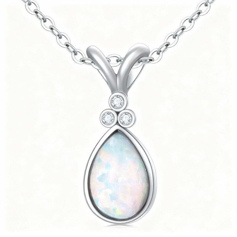 Colar com pendente em forma de gota em ouro branco 10K com diamantes e opalas-10