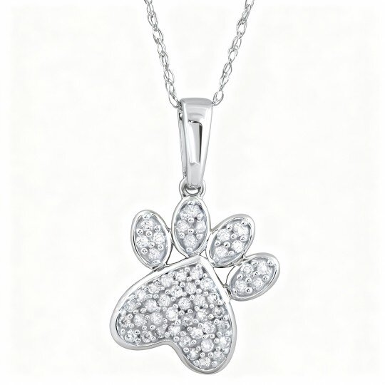 Collier pendentif patte en or blanc 10 carats et diamants