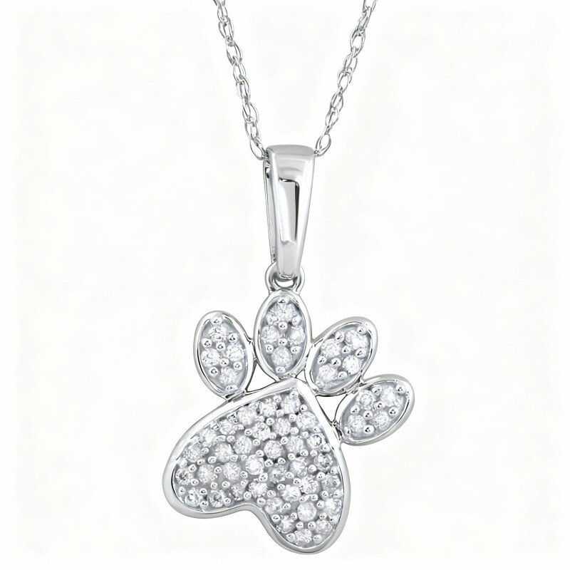 Colar com pendente de pata em ouro branco 10K com diamantes-6