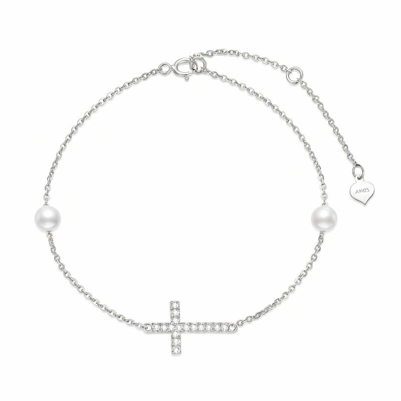 Bracciale con ciondolo a croce in oro bianco 10 carati, diamanti e perle-4