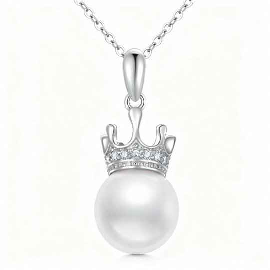 10K White Gold Diamond & Pearl Crown Pendant Necklace