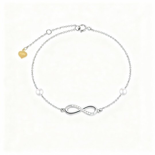 14K White Gold Diamond & Pearl Infinity Symbol Single Layer Charm Anklet