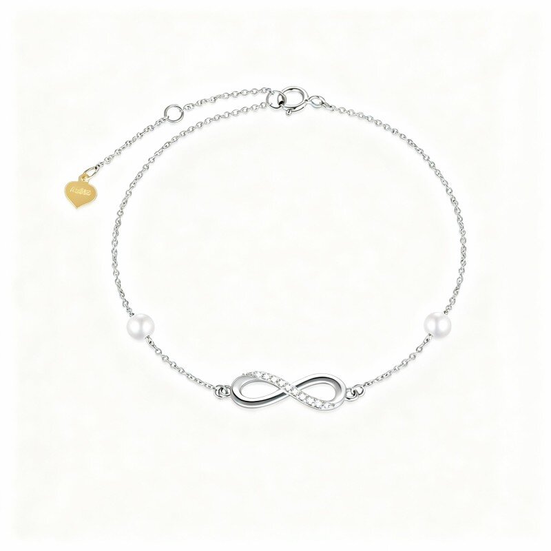 10K White Gold Diamond & Pearl Infinity Symbol Single Layer Charm Anklet-3