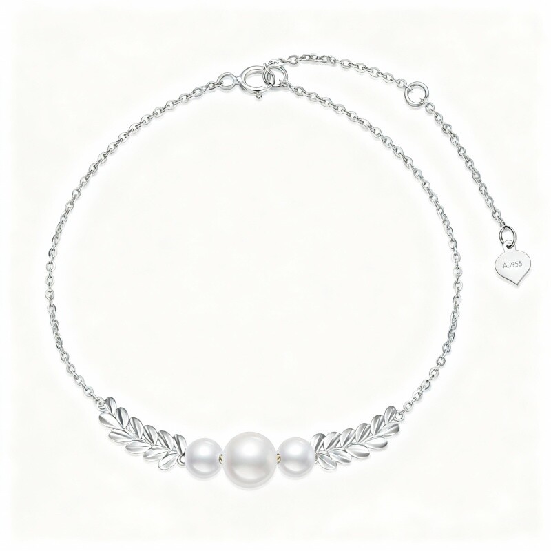 Pulsera con dije de hojas de oro blanco de 9 quilates, diamantes y perlas-6