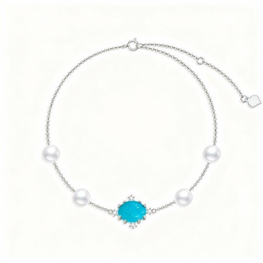 10K White Gold Diamond & Pearl & Turquoise Crown Charm Bracelet