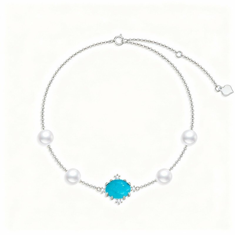 Armband aus 10-karätigem Weißgold mit Diamanten, Perlen und Türkis in Kronenform-18