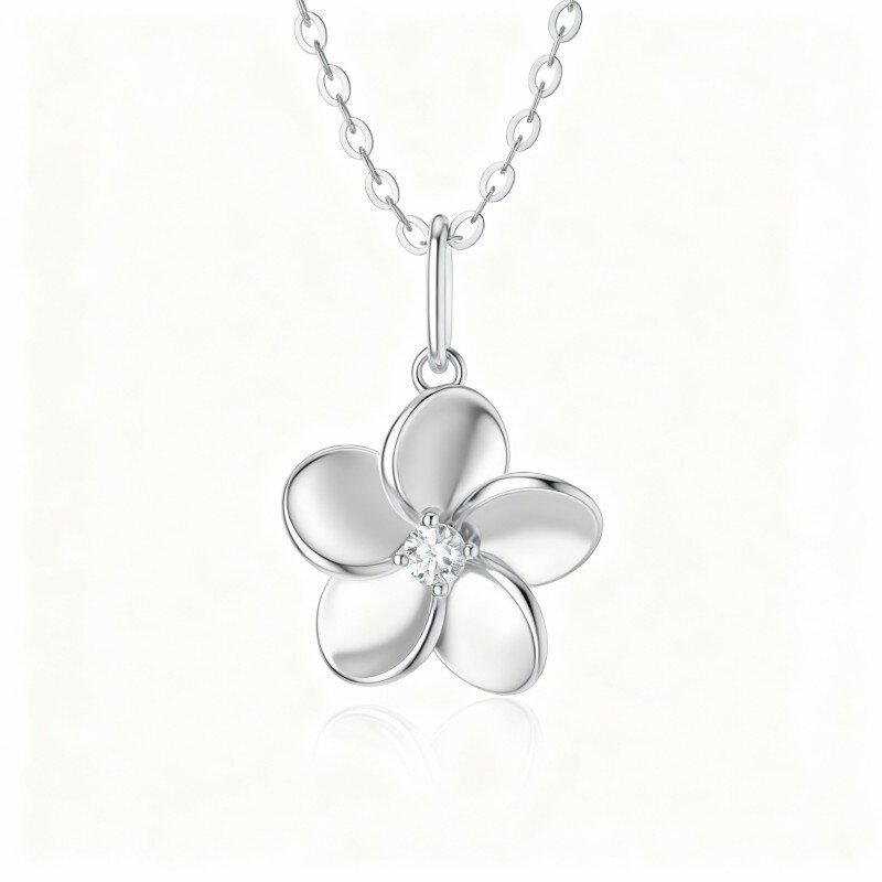 Colar com pendente de plumeria em ouro branco 10K com diamantes-17