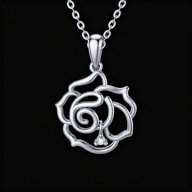 10K White Gold Diamond Rose Pendant Necklace-14