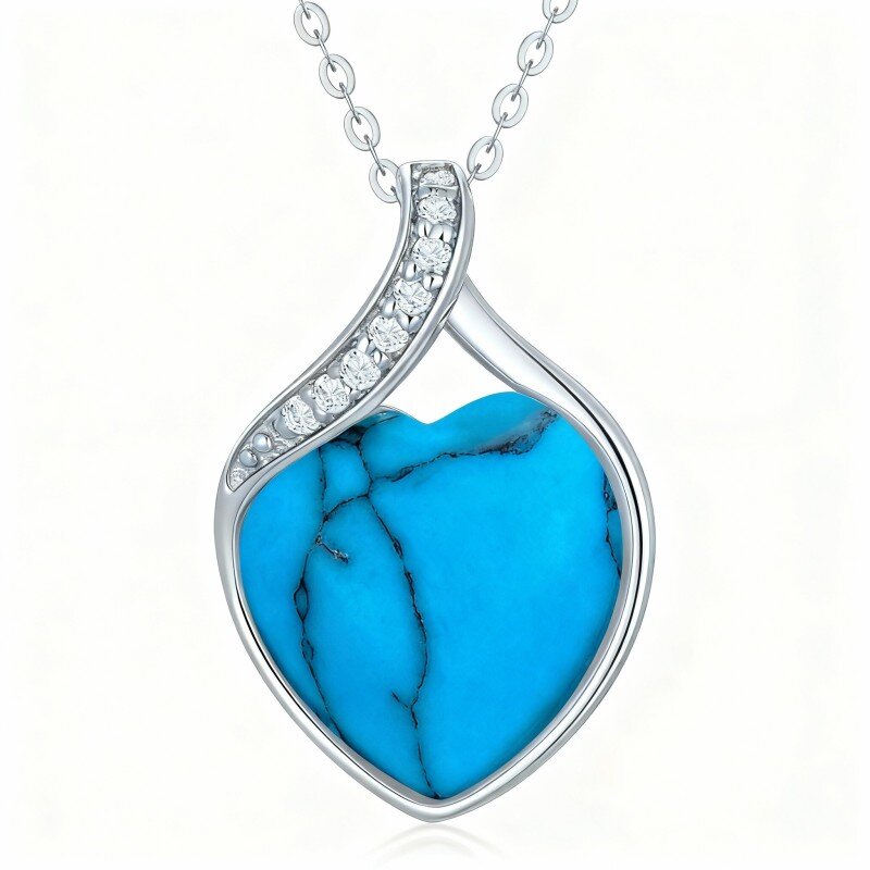 Colar com pendente coração em ouro branco 10K com diamante e turquesa-7