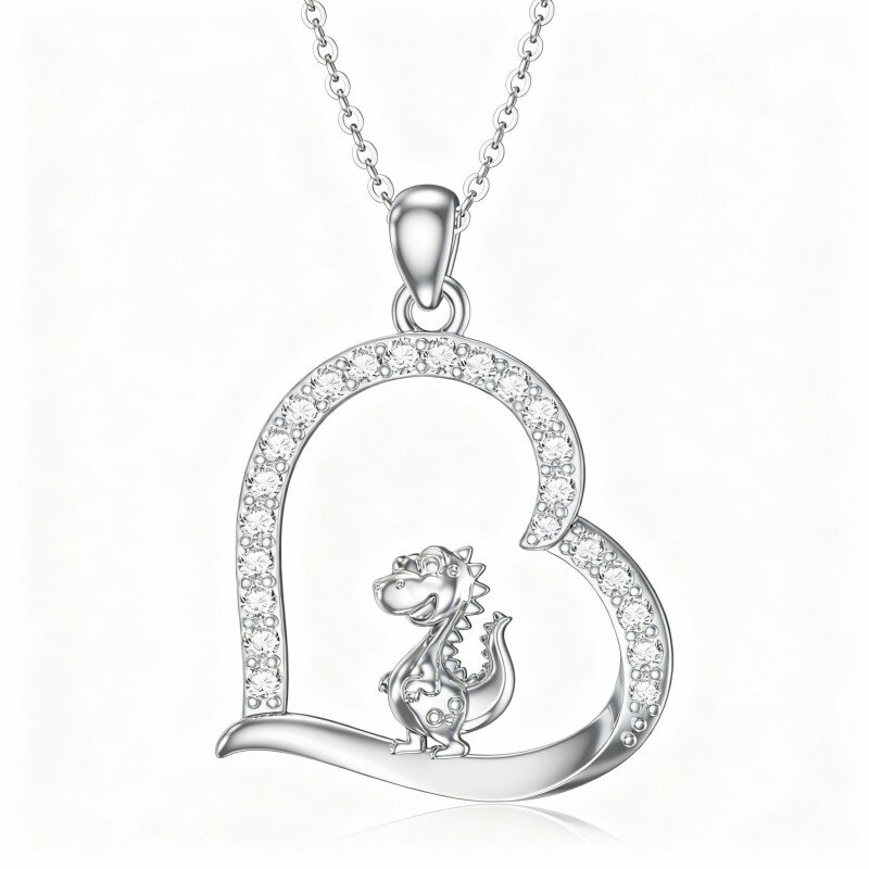 قلادة من الذهب الأبيض عيار 10 قيراط مرصعة بالزركونيا المكعبة على شكل ديناصور وقلب-1