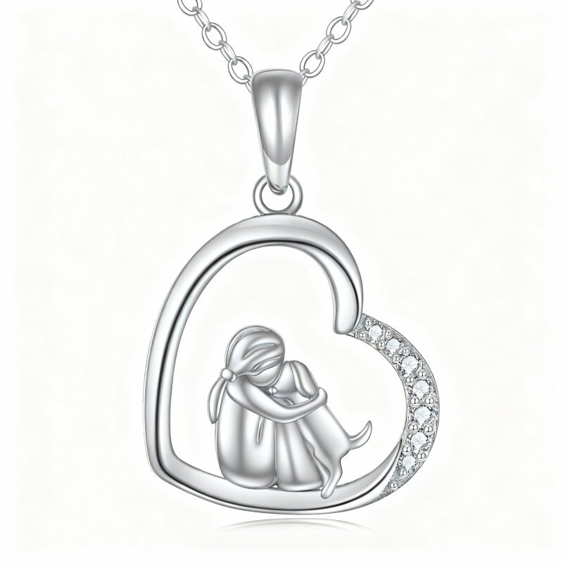 10K White Gold Cubic Zirconia Dog & Heart Pendant Necklace-6