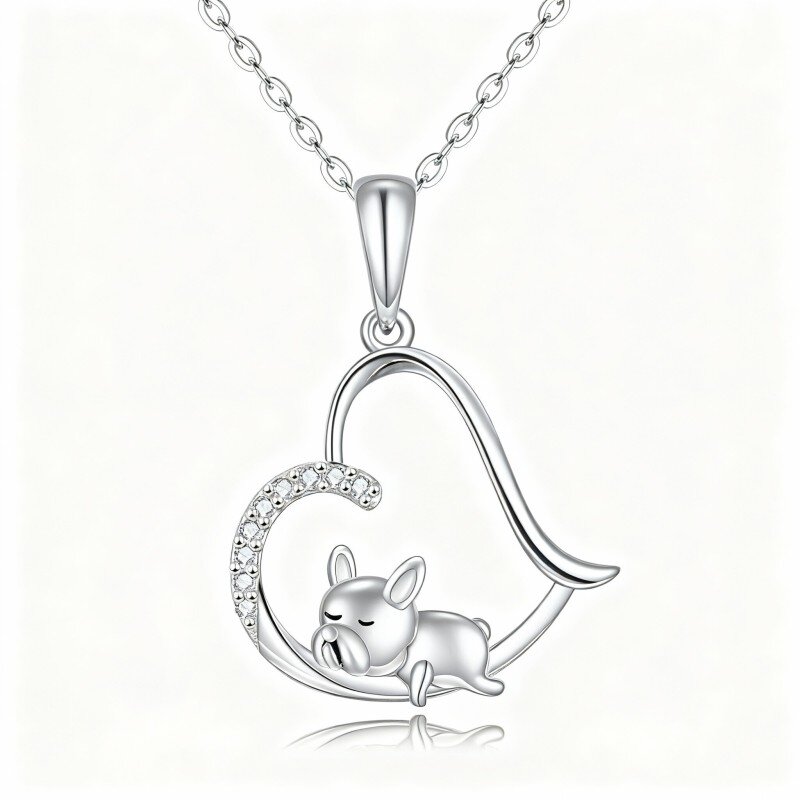 Collar con colgante de perro y corazón de circonita cúbica en oro blanco de 10 quilates-19