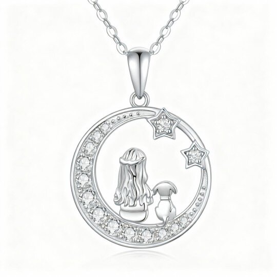 10K White Gold Cubic Zirconia Dog & Moon & Star Pendant Necklace