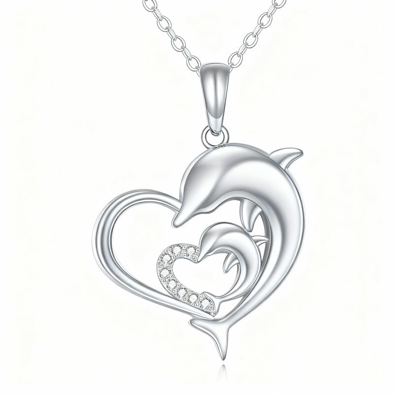 10K White Gold Cubic Zirconia Dolphin & Heart With Heart Pendant Necklace-8