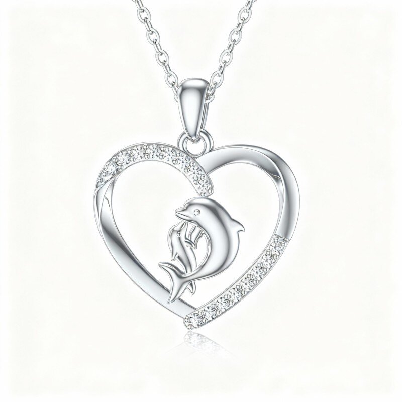 Colar com pendente de golfinho e coração em ouro branco 10K com zircónias cúbicas-13
