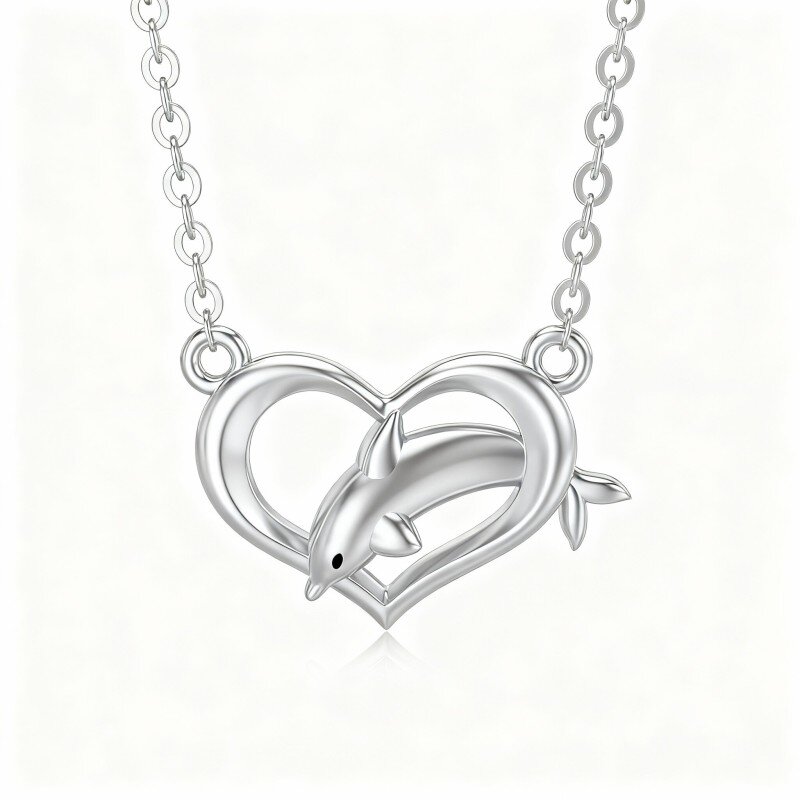 10K White Gold Dolphin & Heart Pendant Necklace-3