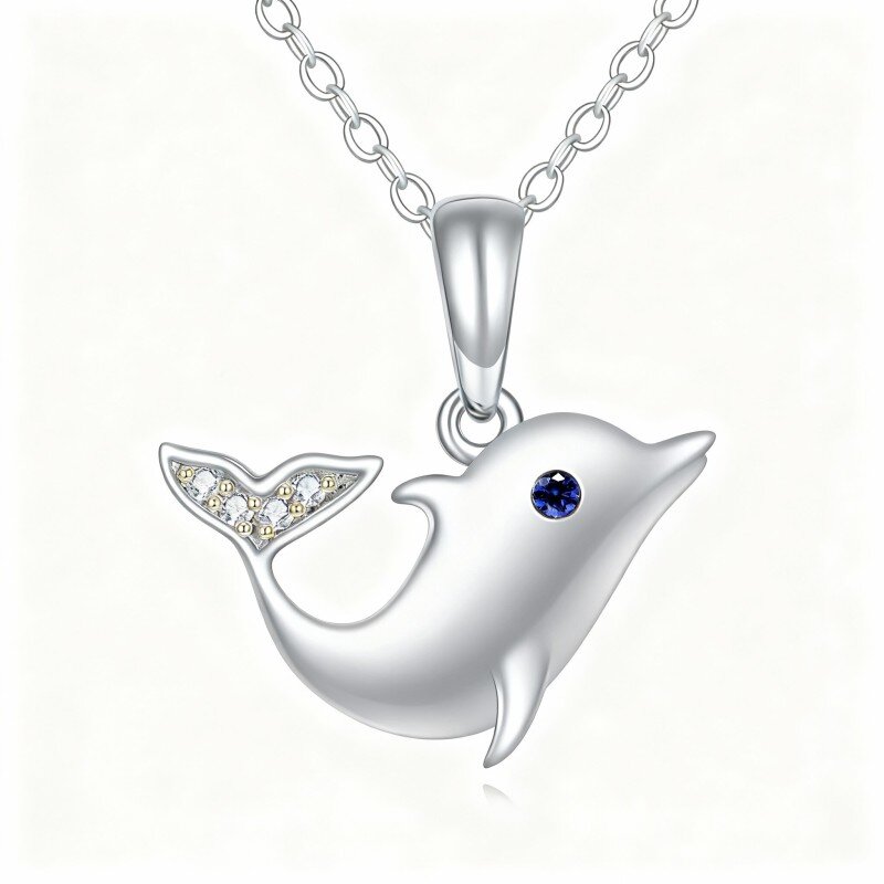 Colar com pendente de golfinho em ouro branco 10K e zircónias cúbicas-17
