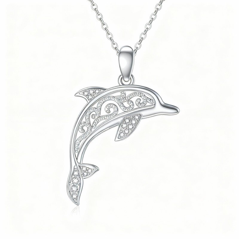 10K White Gold Cubic Zirconia Dolphin Pendant Necklace-9