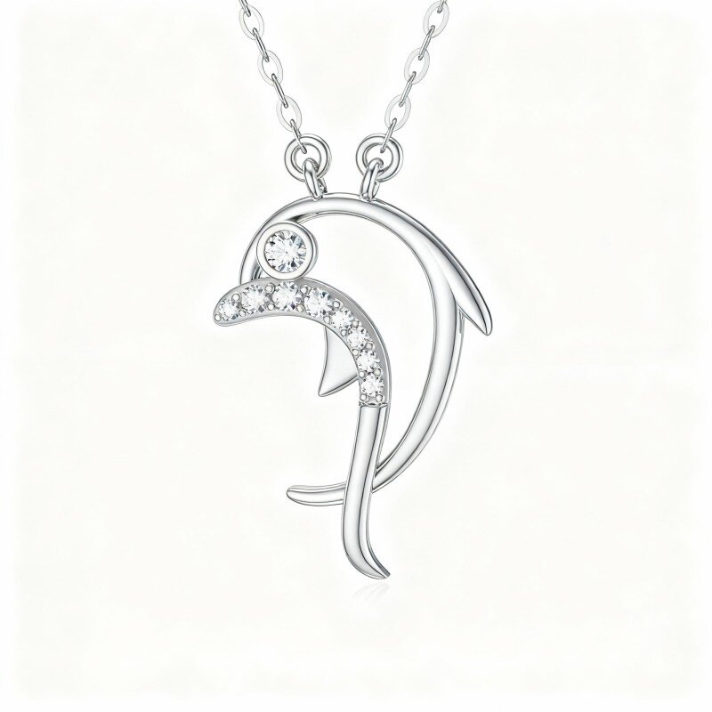 10K White Gold Cubic Zirconia Dolphin Pendant Necklace-7