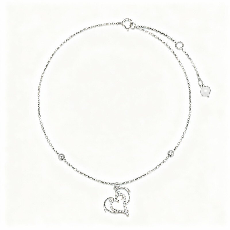 10K White Gold Cubic Zirconia Dolphin Single Layer Charm Anklet-10