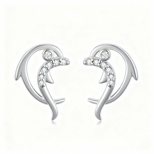 10K White Gold Cubic Zirconia Dolphin Stud Earrings