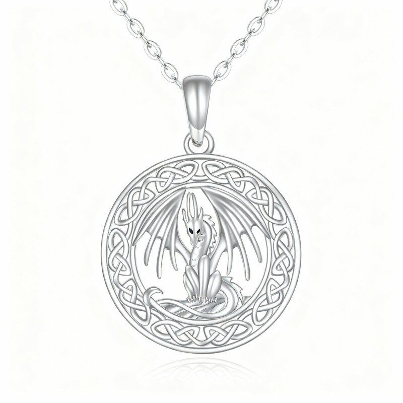 Collana con ciondolo a forma di drago e nodo celtico in oro bianco 10K-16