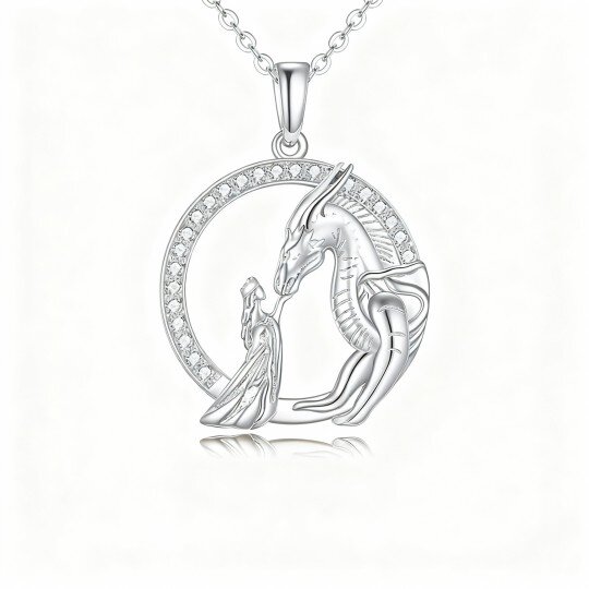10K White Gold Cubic Zirconia Dragon Pendant Necklace