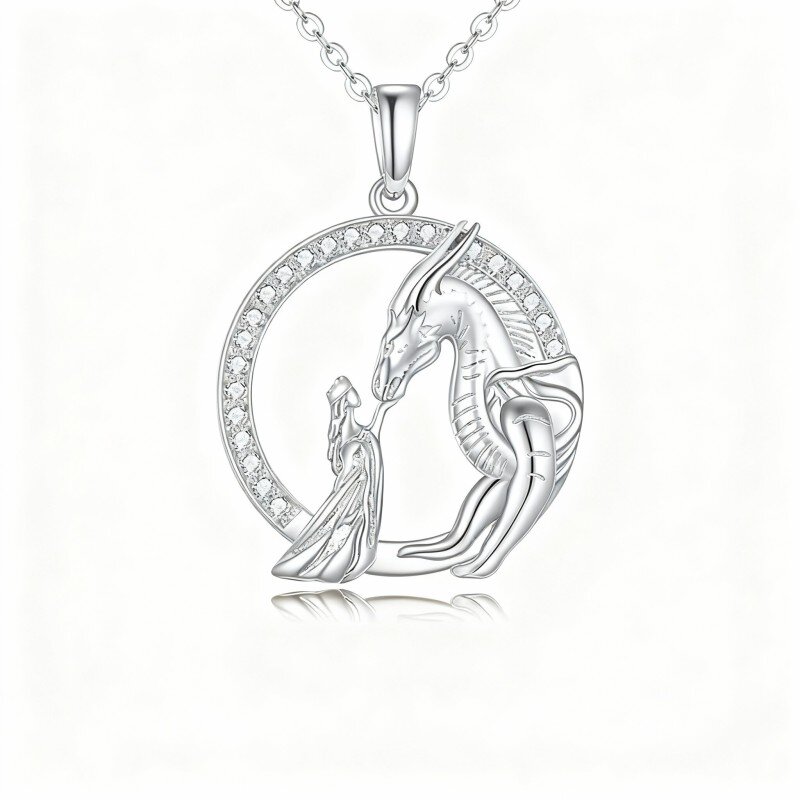 10K White Gold Cubic Zirconia Dragon Pendant Necklace-4