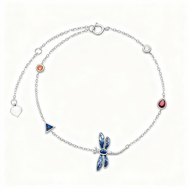 10K White Gold Cubic Zirconia Dragonfly Charm Bracelet-6