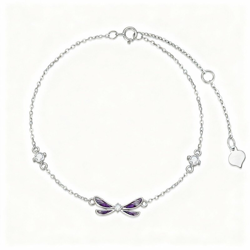 Pulseira com pendente libélula em ouro branco 10K e zircónias cúbicas-2