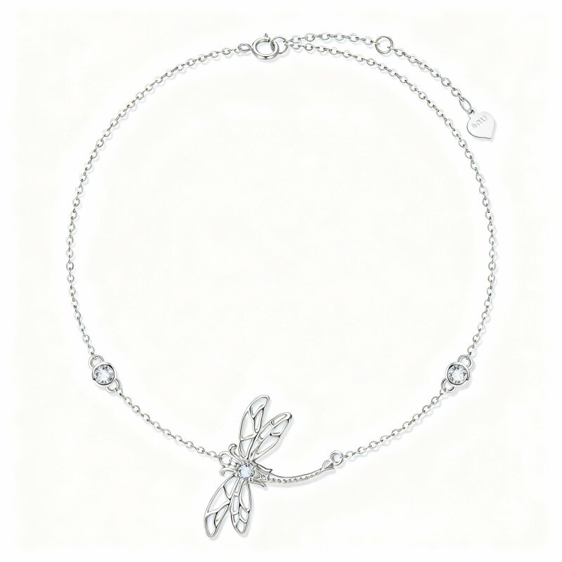 Pulseira com pendente libélula em ouro branco 10K e zircónias cúbicas-1
