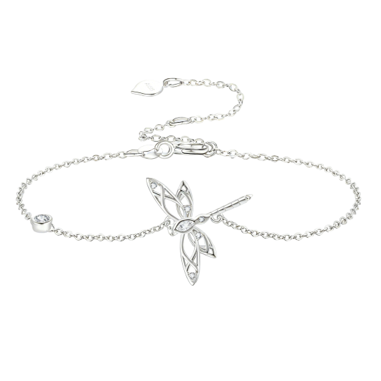 Bracciale con ciondolo a forma di libellula in oro bianco 10 carati e zirconi cubici