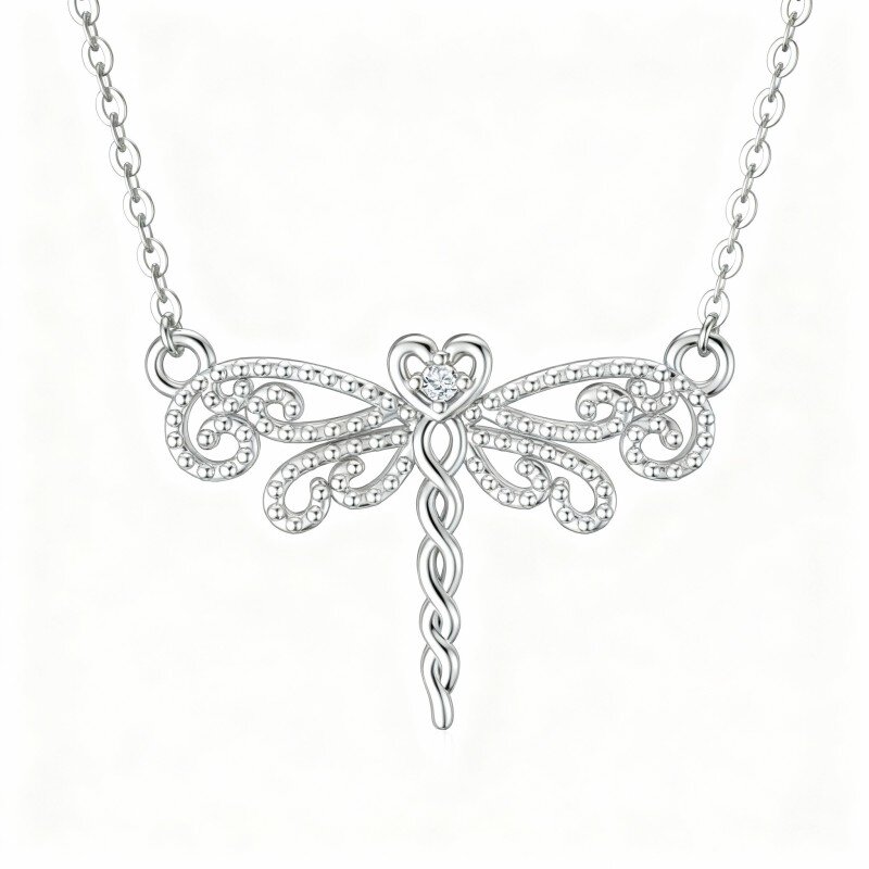 Colar com pendente de libélula em ouro branco 10K e zircónias cúbicas-2