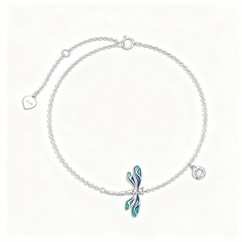10K White Gold Cubic Zirconia Dragonfly Single Chain Anklet-6