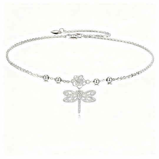 9K White Gold Dragonfly & Wildflowers Single Layer Charm Anklet