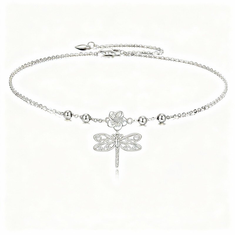 Tobillera de oro blanco de 9 quilates con dije de libélula y flores silvestres de una sola capa-11