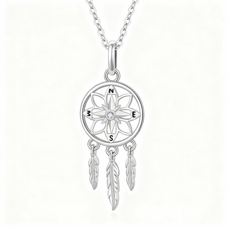 10K White Gold Cubic Zirconia Dream Catcher Pendant Necklace-1