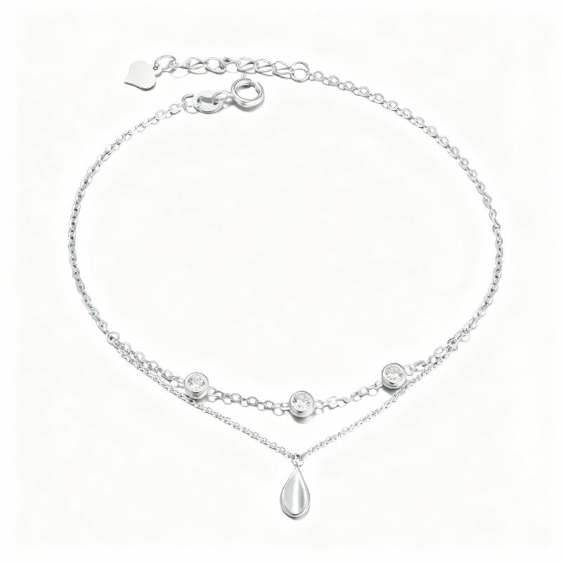 18K White Gold Cubic Zirconia Drop Shape Charm Bracelet-1