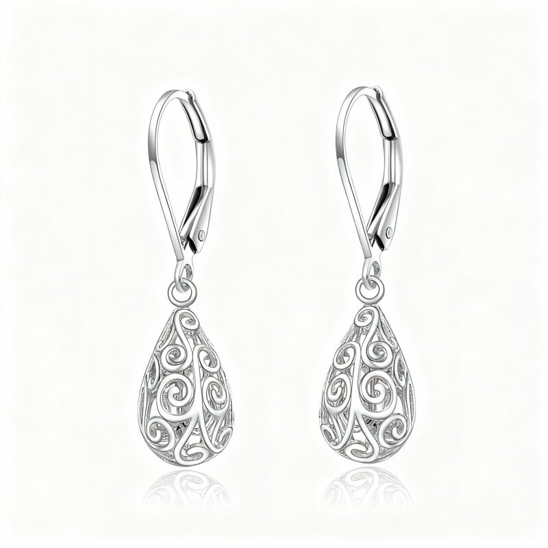 9K White Gold Drop Shape & Filigree Drop Earrings-13