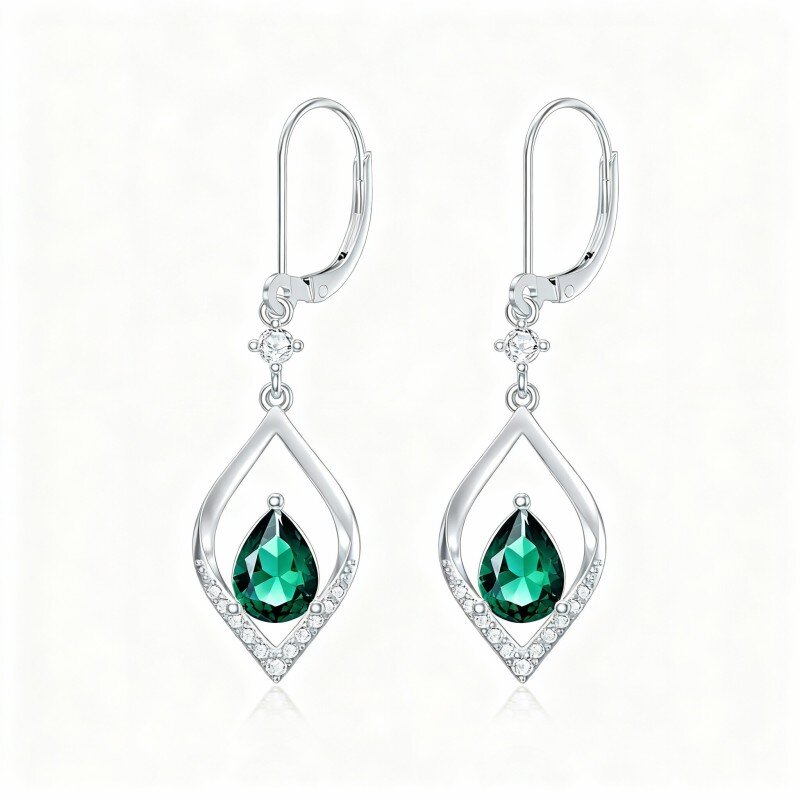 10K White Gold Cubic Zirconia Drop Shape Lever-back Earrings-4