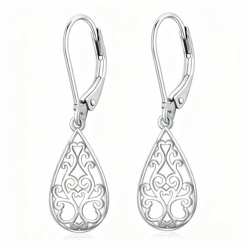 10K White Gold Drop Shape Lever-back Earrings-17