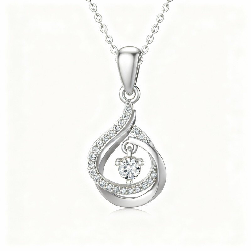 Colar com pendente em forma de gota em ouro branco 10K e zircónias cúbicas-12