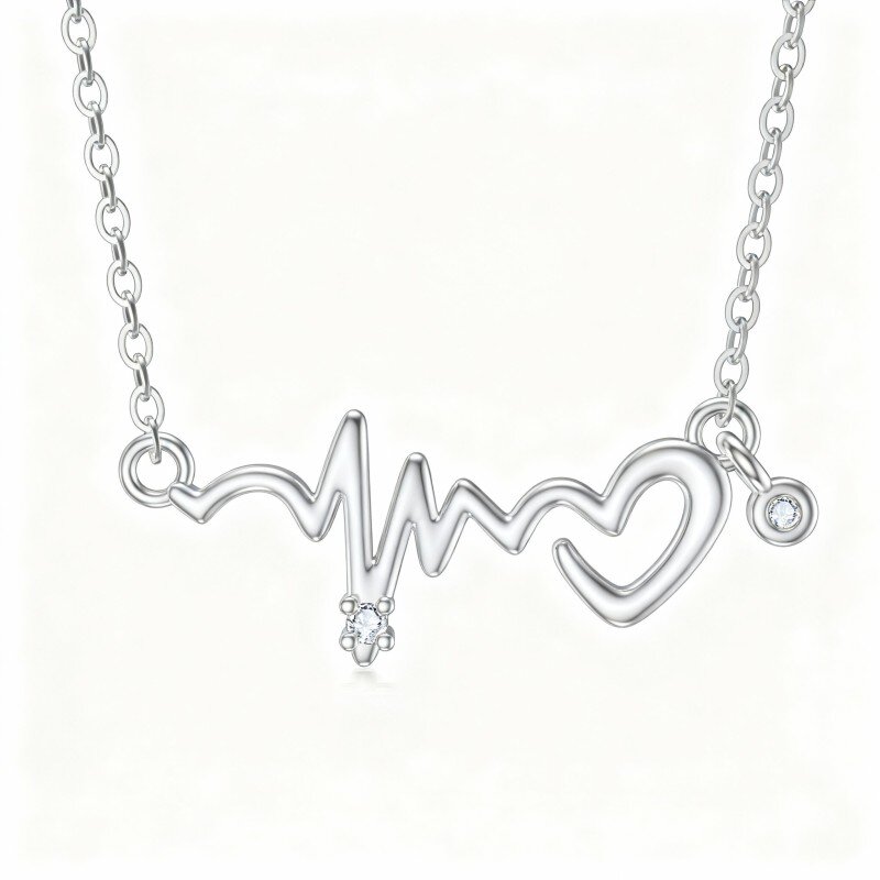 10K White Gold Cubic Zirconia Electrocardiogram Pendant Necklace-2
