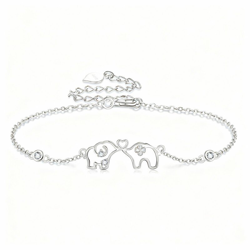 Pulsera con dije de elefante de oro blanco de 10 quilates y circonitas cúbicas-1
